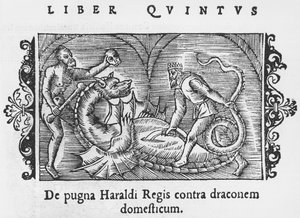 Harald király harcol egy sárkánnyal, illusztrációja Olaus Magnus (1490-1558) Az északi nemzetek története című könyvéből, megjelent Rómában, 1555 alkotó: Italian School