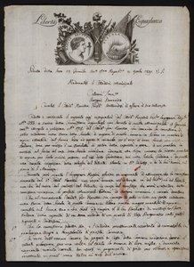 Olasz nyelvű levél Brutus ifjabb fejének ábrázolásával, Gaius Mucius Scaevolát ábrázoló égő kézzel és a francia forradalom mottójával alkotó: Italian School
