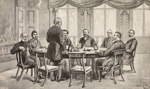 Londoni konferencia Egyiptomról, Egyesült Királyság: Munster gróf, Musurus pasa, Granville (áll), Nigra gróf, Waddington, De Staal, Childers, Károlyi gróf, metszet Edoardo Ximenes rajzából, L