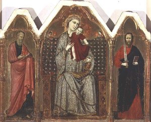 Madonna és Gyermek trónolt, az SS-szel. János evangélista és Pál, Rimini Iskola (triptichon panel) alkotó: Italian School