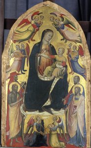 Madonna és gyermek a felhők trónján szentekkel és angyalokkal, 1415-20 körül (tempera nyárfán) alkotó: Italian School