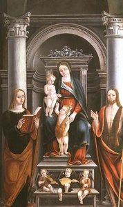 Madonna és gyermeke rózsát kap a Keresztelő Szent János csecsemőtől, szentekkel és angyalokkal, M.B. (monogram) alkotó: Italian School