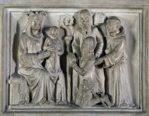 Madonna és gyermek, harcossal és szentekkel, a The Masters of Campione által készített dombormű. Olaszország alkotó: Italian School