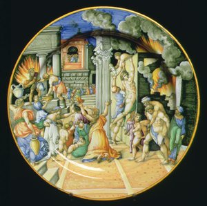 Maiolica tányér, amely Trója égését ábrázolja, Aeneassal, aki a hátán hordja apját, Anchisist, oldalán fiával, Ascaniusszal, olasz alkotó: Italian School