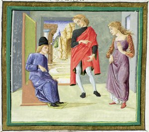 Férfi és nő a bírájuk előtt, a Decretum Gratiani-ból (vellum) alkotó: Italian School