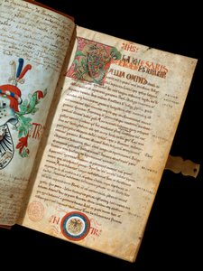 Jules Cesar (Giulio Cesare vagy Caius Julius Caesar) (Kr. e. 100-44) „” De Bello Gallico, Megjegyzések a gallok háborújához” kézirat (sz. 541) Niccolo Tranchedini humanista, a kézirat tulajdonosának Blazonja. 14. századi Biblioteca Riccardiana Nápoly alkotó: Italian School