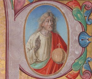 Kéziratos megvilágítás Salvator Mundival, P betűvel, kóruskönyvből (Tempera, tinta és arany pergamen) alkotó: Italian School