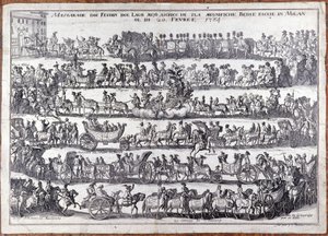 Álarcos: felvonulás és népmaszkok tánca farsang alkalmából. Milánó 1764.02.20. Metszet a 18. századról alkotó: Italian School