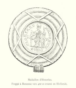 Honorius-érem, 402 körül Ravennában verték, és Hollandiában találták (metszet) alkotó: Italian School
