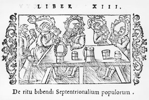 Férfiak isznak, illusztráció Olaus Magnus (1490-1558) Az északi nemzetek története című könyvéből, megjelent Rómában, 1555 alkotó: Italian School