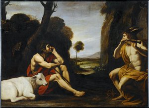 Merkúr a fuvolája zenéjével altatja el Argust ... alkotó: Italian School