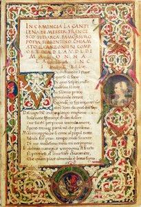 Ms.392 fol.1 Laure dicsérő dala, Petrarch „Sonetti, Canzoni e Triomphi” című művéből alkotó: Italian School