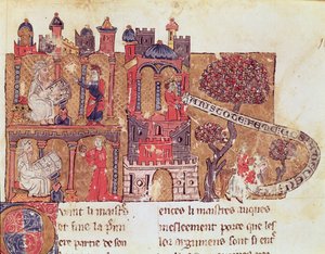 Ms 269 Fol.108 Arisztotelész (Kr. e. 384-322) Nagy Sándort (Kr. e. 356-323) oktatja az erkölcsökre és a nők megvetésére, Brunetto Latini (1220-94) Le Livre du Tresor című könyvéből. alkotó: Italian School