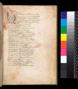 Ms 315. Horace, Ars Poetica and Epistulae, f.1r. Díszített kezdőbetű [N] kék és piros pelenkás betéttel és piros tollfestéssel alkotó: Italian School