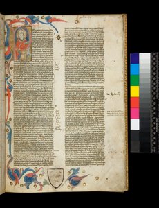 Ms 370. Orosius, A pogányok története a pogányok ellen Világító lakott kezdőbetűvel [P], a püspöknek öltözött szerző portréjával, részleges szegéllyel lombos motívumokkal, Bologna vagy Padova alkotó: Italian School
