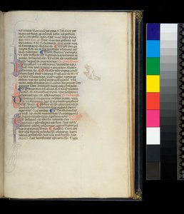 Ms 373. Pseudo-Cicero, Rhetorica ad Herennium és egyéb művek, f.50r. Tollvirágzású iniciálék és tolldísz a margón, amely egy térdelő mezítlábas szerzetest ábrázol, 1337 körül alkotó: Italian School