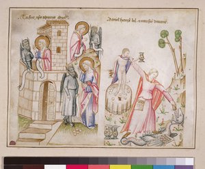 Ms 43-1950 (5v) Christs Temptation, Daniel elpusztítja Bélt, a Speculum Humanae Salvationisból alkotó: Italian School