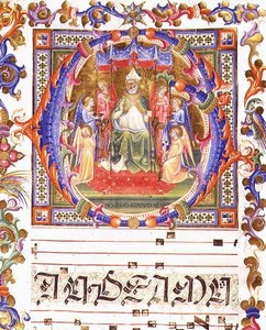 Ms 557 f.35v Történeti „O” kezdőbetű, amely Aegidiust (St. Giles) (i. e. 700) ábrázolja angyalokkal körülvéve, a „Messale di Sant
