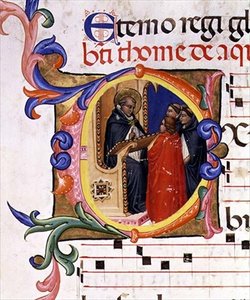 Ms 559 f.285v Történelmi „O” kezdőbetű, amely egy szerzetest ábrázol a pultnál, aki más szerzetesekkel beszélget, a Santa Maria Novella zsoltárból, Paolo SOldini (fl.1342-86) megvilágításával, 1379 (vellum) alkotó: Italian School