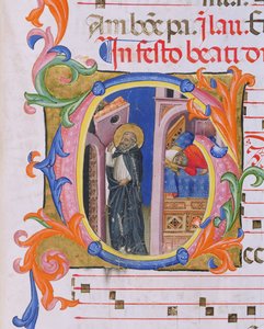 Ms 559 f.298v Történelmi kezdetű G, amely Szent Domonkost ábrázolja, aki támogatja az egyházat, és III. Honorius pápa álmát (1216-27) a San Marco e Cenacoli H zsoltárától alkotó: Italian School