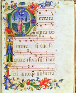Ms 577 f.1 Történeti kezdetű „P”, amely egy férfialakot ábrázol a vadonban, a „Messale di Sant