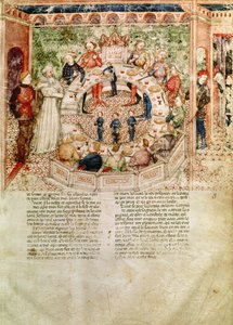 Ms Fr 343 fol.3 Sir Galahad üdvözli a kerekasztalt, Queste del Saint Graal, 1380-85 körül alkotó: Italian School