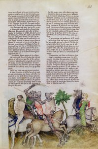Ms Fr 343 fol.43 A Kerekasztal lovagja, Sir Bors kénytelen választani, hogy megmenti bátyját, Lionelt, vagy megment egy lányt a Queste del Saint Graalból, 1380-85 körül alkotó: Italian School