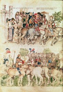Ms Fr 343 fol.8v Arthur és lovagjai a Szent Grál kutatására indulnak a Queste del Saint Graalból, 1380-85 körül alkotó: Italian School