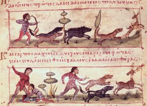 Ms Grec 479 Szarvasvadászat, Oppian illusztrációja a Cynegeticából (tempera pergamen) alkotó: Italian School