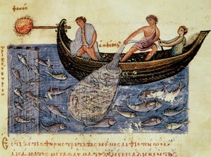 Ms Grec 479 Horgászat hálóval, Oppian illusztrációja a Halieuticából (tempera pergamen) alkotó: Italian School