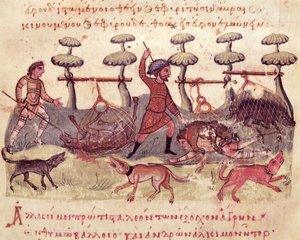 Ms Grec 479 Vadászat hálókkal, Oppian illusztrációja a Cynegeticából (tempera pergamen) alkotó: Italian School