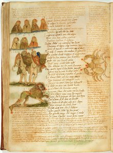 Ms Ital 483 P.4.7 f.156v Ikrek, Oroszlán és Rák, Fazio degli Uberti (vellum) „Dittamondójából” alkotó: Italian School