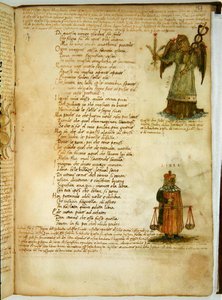 Ms Ital 483 P.4.7 f.157r Virgo and Libra, a „Dittamondo”-ból, Fazio degli Uberti (vellum) alkotó: Italian School