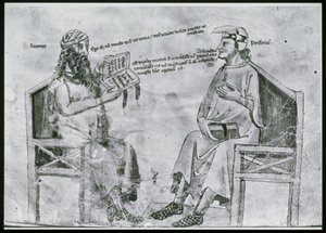 Ms Lat 6823 fol.2 Averroes (1126-98) Beszélgetésben Porphyryvel (c.232-c.305) (toll és tinta, valamint papírra mosás) alkotó: Italian School