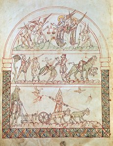 Ms. Plut. 12.17, c. 1b, A földi város az emberiség nehézségeivel és szerencsétlenségeivel és egy lélek ítéletével, Szent Ágoston Isten városából, 11-12. alkotó: Italian School
