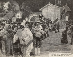 Zenei kioszk, ahol pénzt gyűjtenek vakok számára, Pulcinella maszk, karnevál Nápolyban, Olaszország, metszet Matania rajzából, Gamberoni metszet a L