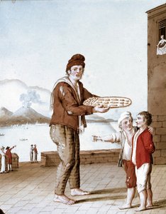 Nápolyi Small Metiers: A "" Pasticiotti" (nápolyi homok) eladója - (Régi kereskedelem: A keksz eladó) 19. századi akvarell - Nápolyi Museo Nazionale di San Martino alkotó: Italian School