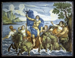 Neptunusz a tankján és egy háromágúval. Téglalap alakú lemez, nagyméretű polikróm tűz díszítése, az olaszországi Castelliben készült alkotó: Italian School