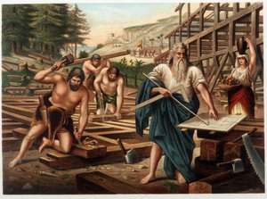 Noe és családja a bárkát építi (Noe az építési tervet nézi) a "" Golden Classic Bible: History of Divine Revelation in the Ancient and New Tesiamento """ című könyvében, Giovanni Ladislao Sykora (1. kötet), fordította: Don Clemente Benetti (Olaszország alkotó: Italian School