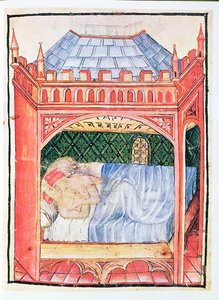 Nouv Acq Lat 1673 fol.100 Pár egy ágyban, Tacuinum Sanitatis, 1390-1400 körül alkotó: Italian School