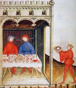 Nova 2644 Fol.53r Főtt búza kóstolása, a Tacuinum Sanitatis Codex Vindobonensisből alkotó: Italian School