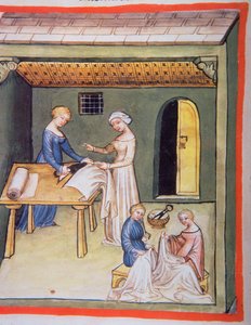 Nova 2644 fol.105v The Tailors Shop: Vászonruhák, a Tacuinum Sanitatistól alkotó: Italian School