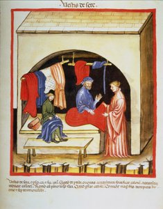 Nova 2644 fol.106r The Tailors Shop : Selyemruhák, a Tacuinum Sanitatistól alkotó: Italian School