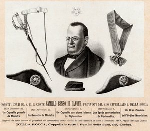 Camillo Benso conte di Cavour (1810-1861) által használt tárgyak - politikai és diplomáciai funkcióinak kalapjai és jelvényei, a Szent Mauritius és Szent Lázár Lovagrend nagy zsinórjával (Ordine dei Santi Maurizio e Lazzaro) - Metszet 19. század alkotó: Italian School