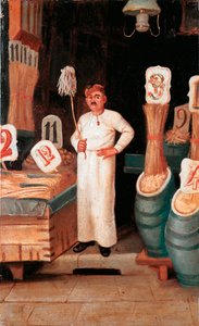 Régi metier: a tésztaárus boltja. Névtelen detrempe. 19. század 19. század Nemzeti Tészta Múzeum, Agnesi Alapítvány, Róma alkotó: Italian School