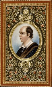 Oliver Goldsmith ovális miniatűr portréja, aranyozott, három gyöngyöt tartalmazó szárnyas levélke keretezve, 1831 alkotó: Italian School