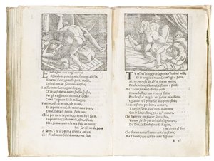 Oldal a Pietro Aretino "Sonetti Lussuriosi"-ból, Giulio Romano illusztrálta és Marcantonio Raimondi metszet, Velence, 1527 körül alkotó: Italian School