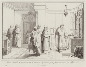 Pietro Orseolo I. elhagyja trónját és hazáját, hogy szerzetes legyen Franciaországban, 978 (metszet) alkotó: Italian School
