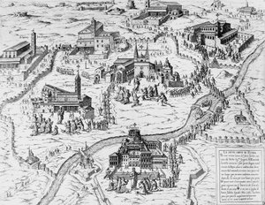 Zarándokok meglátogatják Róma hét templomát az 1575-ös szentévben, metszet, Olaszország alkotó: Italian School