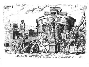 VII. Kelemen pápát (1478-1534) V. Károly (1500-58) ostromolja magasan a Hadrianus-toronyban, 1527 alkotó: Italian School
